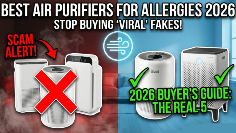 A side-by-side comparison of the Best Air Purifiers for Allergies 2026 showing high-end Levoit and Coway models versus cheap "viral" fake purifiers with a red X scam alert and MithVibe Tested branding.