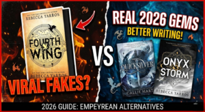 A dramatic YouTube-style comparison of Fourth Wing by Rebecca Yarros vs Quicksilver by Callie Hart and Onyx Storm. Features high-contrast fire and ice backgrounds with the text 'Viral Fakes?' and 'Real 2026 Gems Better Writing!' to highlight 2026 Romantasy book alternatives.