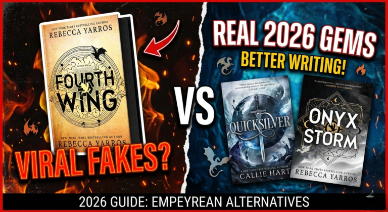 A dramatic YouTube-style comparison of Fourth Wing by Rebecca Yarros vs Quicksilver by Callie Hart and Onyx Storm. Features high-contrast fire and ice backgrounds with the text 'Viral Fakes?' and 'Real 2026 Gems Better Writing!' to highlight 2026 Romantasy book alternatives.