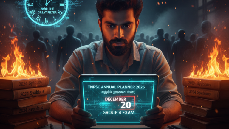 Official TNPSC Annual Planner 2026 exam schedule on a study desk with Tamil textbooks and competitive exam notes.