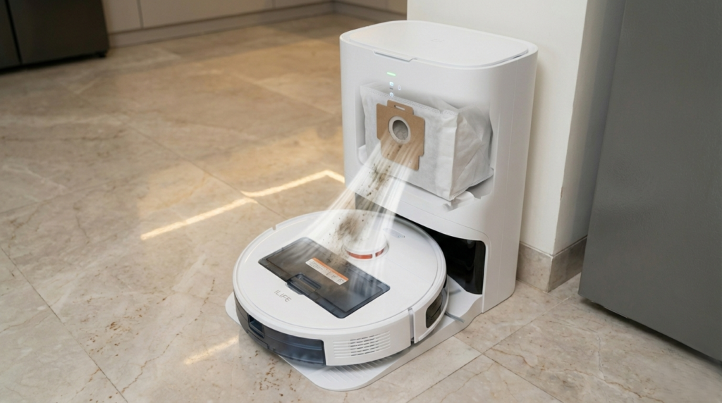 ILIFE A11 robot vacuum and mop performing deep suction on tiled flooring.