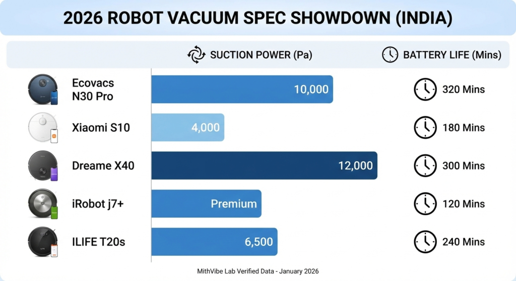 Infographic comparing suction power and battery life of Best Robot Vacuum Cleaner India 2026