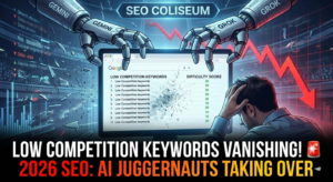 🚨 Dramatic YouTube thumbnail: Panicked blogger watches low competition keywords vanish from shattering Google search bar in 2026 SEO crisis. Find low competition keywords now!