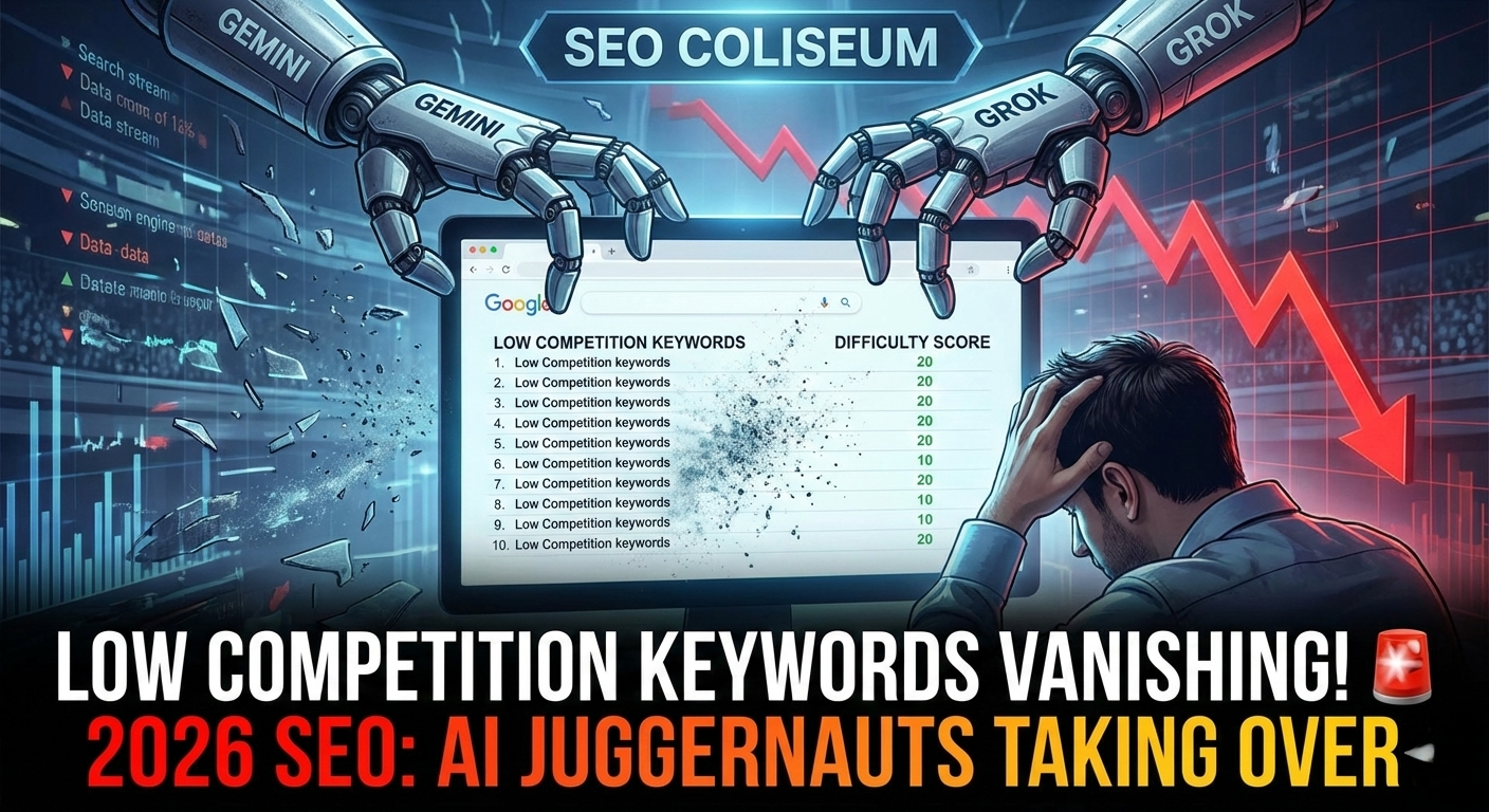 🚨 Dramatic YouTube thumbnail: Panicked blogger watches low competition keywords vanish from shattering Google search bar in 2026 SEO crisis. Find low competition keywords now!