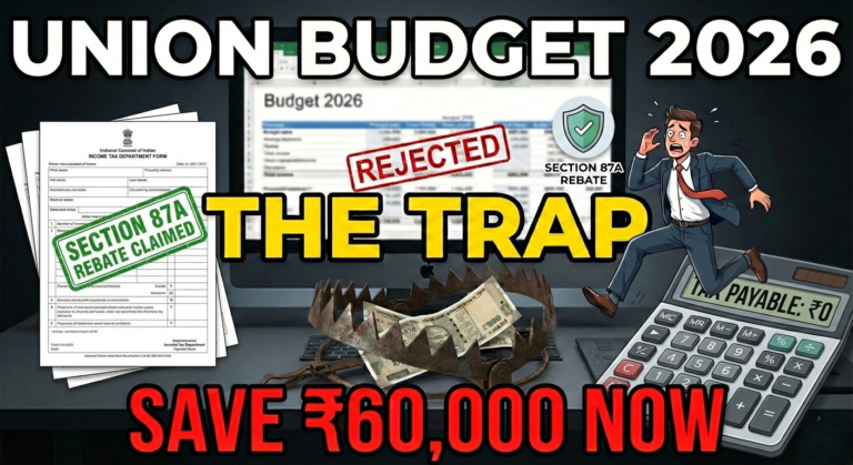 Illustration of a taxpayer jumping over a steel bear trap with ₹500 notes, representing the Section 87A Mutual Fund Trap and LTCG tax impact in Union Budget 2026.