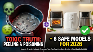 Dramatic split-screen comparison for Mithvibe featured article: Left side shows a damaged, peeling Teflon air fryer basket representing toxic hazards; Right side shows a pristine, safe ceramic air fryer basket representing the 6 Safe Air Fryers for 2026