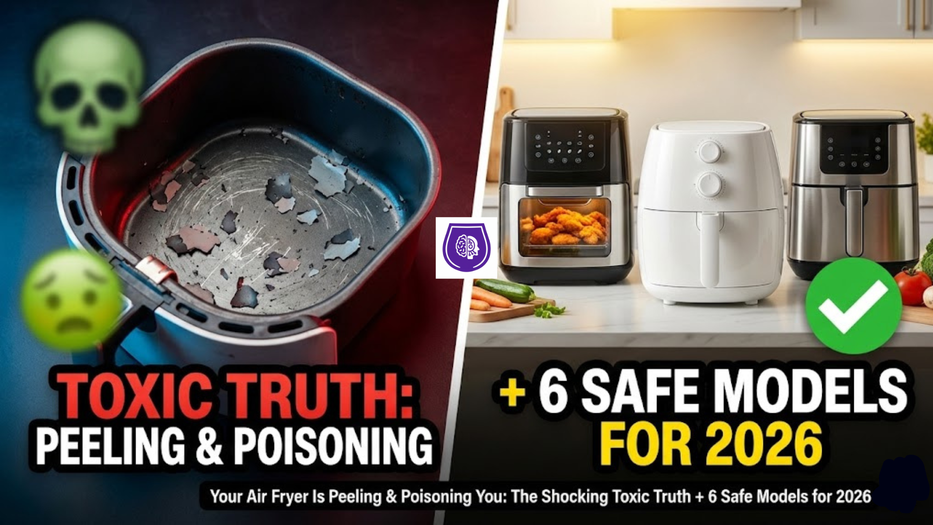 Dramatic split-screen comparison for Mithvibe featured article: Left side shows a damaged, peeling Teflon air fryer basket representing toxic hazards; Right side shows a pristine, safe ceramic air fryer basket representing the 6 Safe Air Fryers for 2026