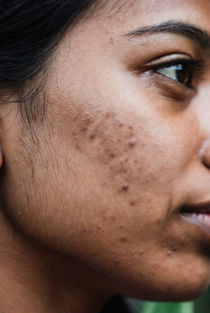 Close up of acne marks on Indian skin tone