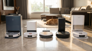 Best robot vacuum cleaner India 2026 showing top 5 models on a marble floor of house