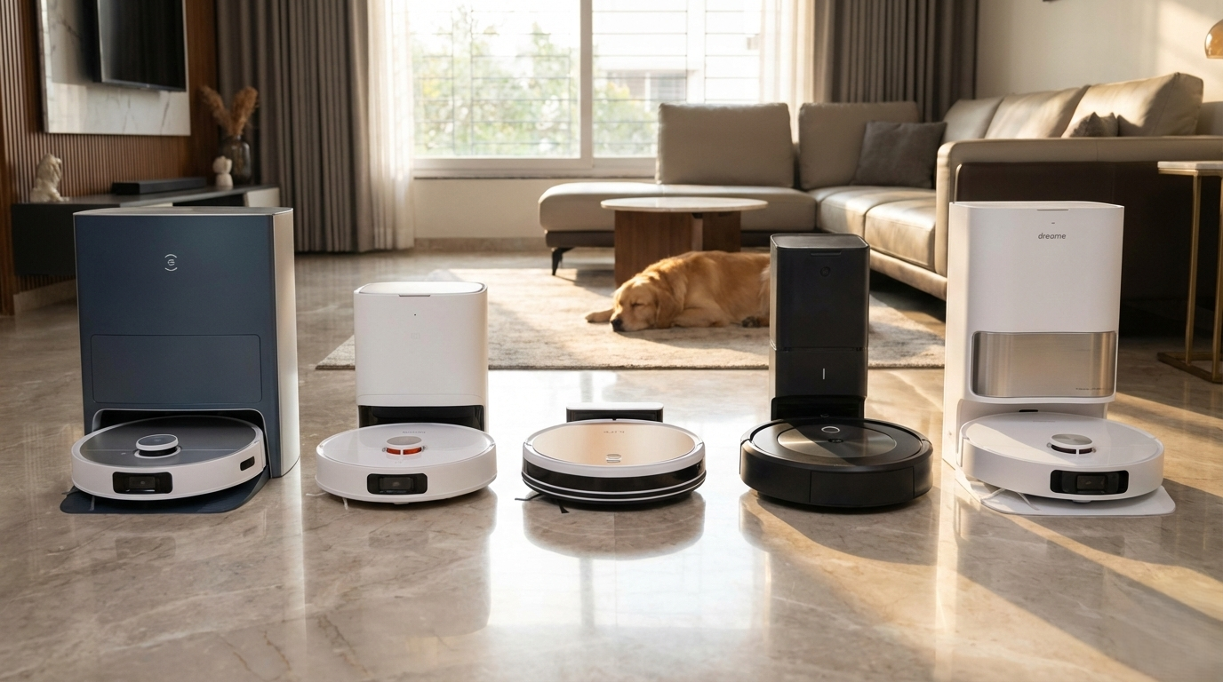Best robot vacuum cleaner India 2026 showing top 5 models on a marble floor of house