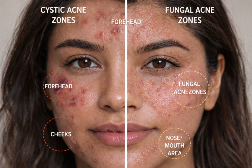 face showing cystic vs fungal acne zones, skin issues on face India 2026