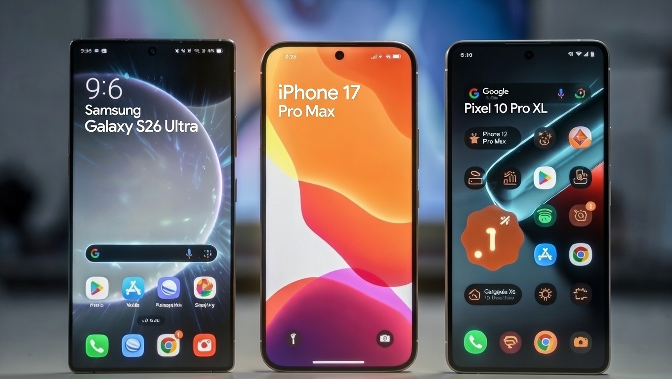 Best Flagship Smartphones India 2026: Comparison of Samsung Galaxy S26 Ultra, iPhone 17 Pro Max, and Google Pixel 10 Pro XL.