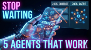 A futuristic robotic hand holding a transparent smartphone displaying Agentic AI nodes for banking and travel, illustrating the shift from 2025 chatbots to the best agentic AI tools 2026.