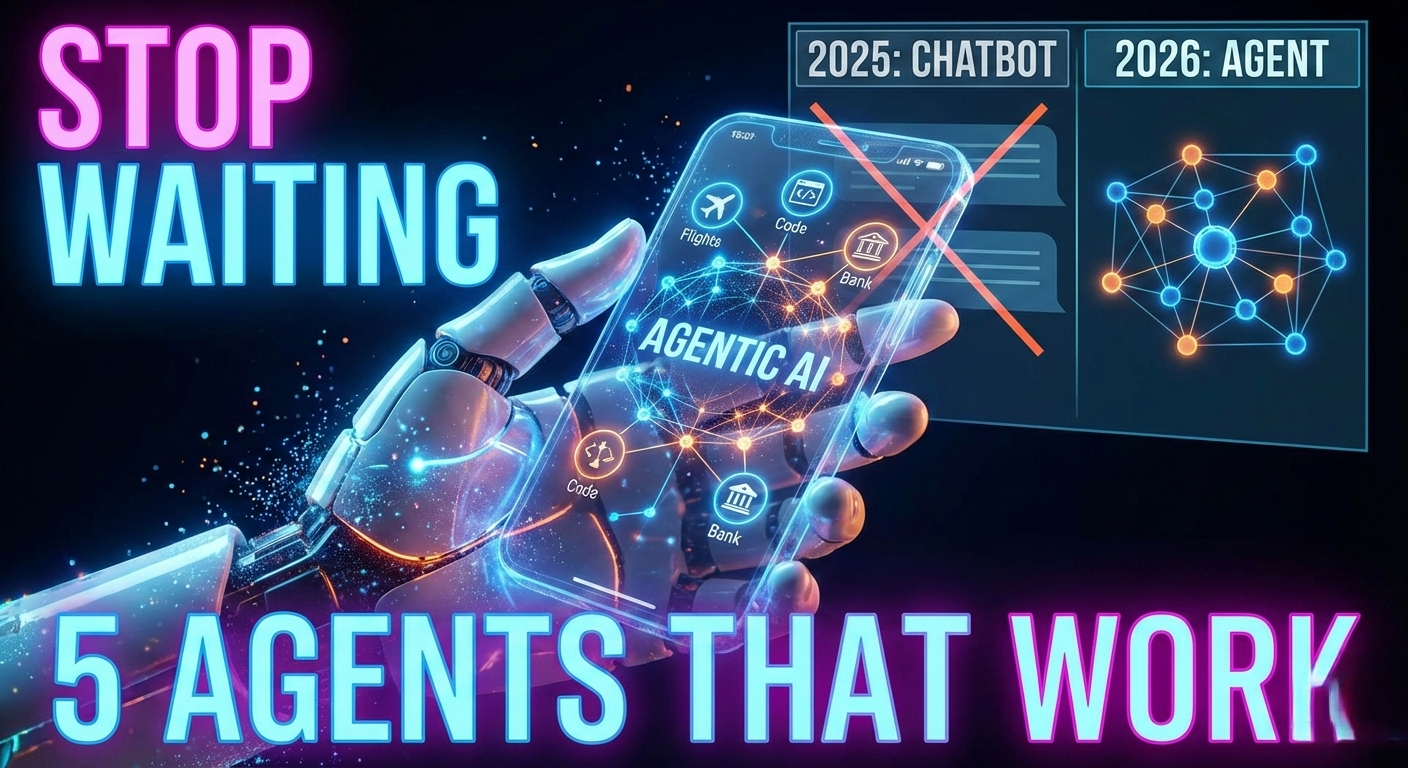 A futuristic robotic hand holding a transparent smartphone displaying Agentic AI nodes for banking and travel, illustrating the shift from 2025 chatbots to the best agentic AI tools 2026.