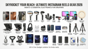 Best Instagram Reels Creator Gear 2026 India Featured Image - 12 Essential Electronics including iPhone 17, AI Gimbals, and RGB Lights.
