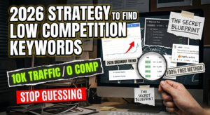 YouTube style thumbnail showing a strategy to find low competition keywords 2026 with high volume. A hand holds a magnifying glass over a screen displaying "10k Traffic / 0 Comp" and "Stop Guessing" with Reddit and Google trend graphs.
