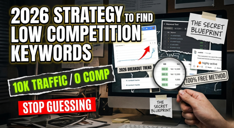 YouTube style thumbnail showing a strategy to find low competition keywords 2026 with high volume. A hand holds a magnifying glass over a screen displaying "10k Traffic / 0 Comp" and "Stop Guessing" with Reddit and Google trend graphs.
