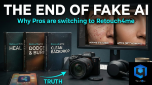 Retouch4me AI software review 2026 - professional skin retouching before and after comparison on a photographer's desk