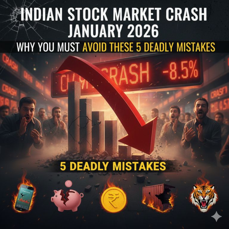 Indian stock market crash January 2026 showing Nifty 50 red downward arrow and panicked investors.