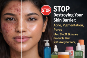 Split-face image of an Indian woman showing damaged skin with acne and pigmentation on one side and healthy glowing skin skin on other, issues on face India 2026