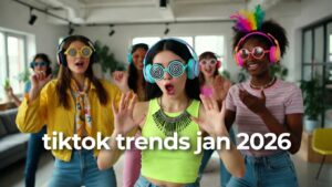 most addictive TikTok trends of January 2026 – Gen Z youth dancing with circle swirly glasses, neon fashion and high-energy vibes
