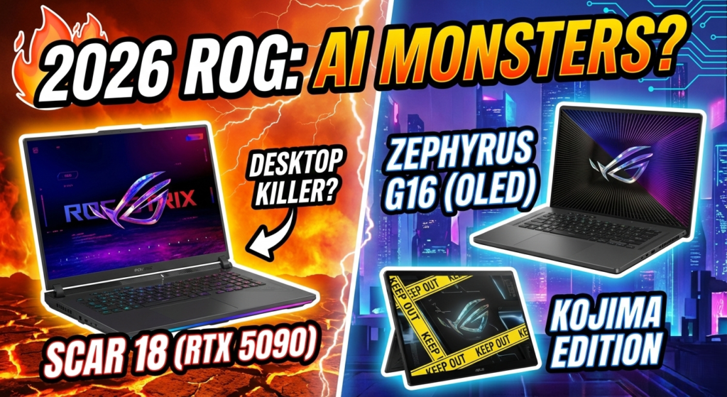 A dramatic comparison of the 2026 ASUS ROG lineup featuring the ROG Strix SCAR 18 with RTX 5090, the Zephyrus G16 with OLED Nebula display, and the Flow Z13-KJP Kojima Edition, set against a high-contrast background with MithVibe branding.