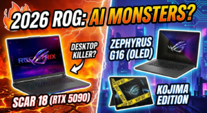 A dramatic comparison of the 2026 ASUS ROG lineup featuring the ROG Strix SCAR 18 with RTX 5090, the Zephyrus G16 with OLED Nebula display, and the Flow Z13-KJP Kojima Edition, set against a high-contrast background with MithVibe branding.