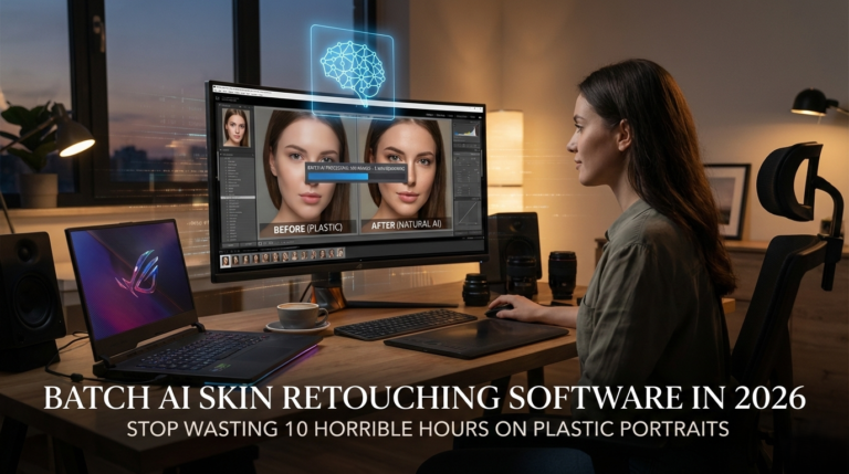 A professional female photo editor using batch AI skin retouching software in 2026 to fix plastic portrait textures, showing a before and after comparison on a high-end studio monitor.