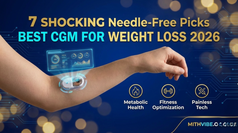 A premium 16:9 featured image titled "7 Shocking Needle-Free Picks: Best CGM for Weight Loss 2026" for mithvibe.com. The image displays a futuristic, needle-free arm patch with a holographic UI graph, royal gold lettering, and icons for metabolic health and fitness optimization against a professional bokeh background.