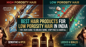 Microscopic comparison of low porosity vs high porosity hair cuticles, demonstrating why the best hair products for low porosity hair in India require lightweight, penetrating formulations to stop frizz and hairfall.