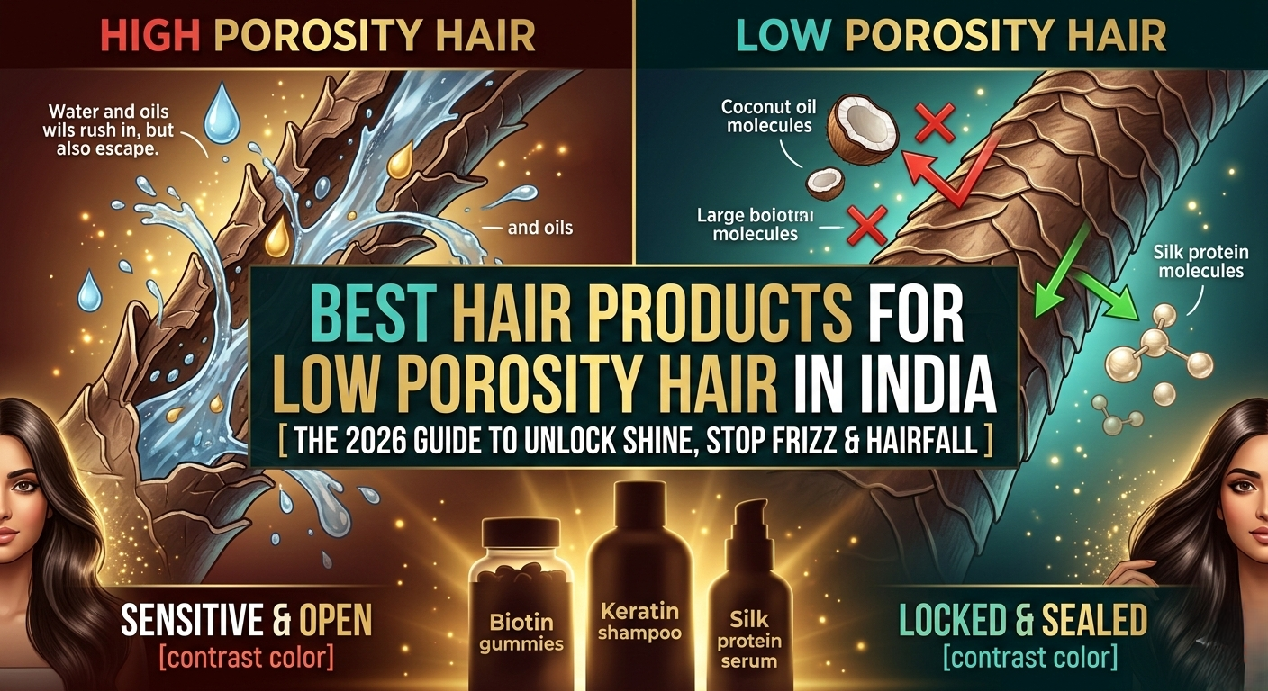 Microscopic comparison of low porosity vs high porosity hair cuticles, demonstrating why the best hair products for low porosity hair in India require lightweight, penetrating formulations to stop frizz and hairfall.
