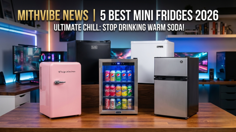 Best Mini Fridge USA 2026 comparison featuring the quietest mini fridge for dorm use and retro mini fridge reviews on a premium wooden desk.