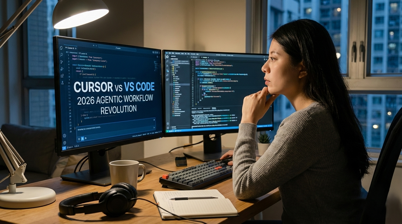 A professional software engineer in a home office at night, analyzing complex code on dual monitors. The left screen displays the title "CURSOR VS VS CODE 2026 AGENTIC WORKFLOW REVOLUTION," illustrating the comparison between AI-native and legacy editors.