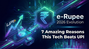 A futuristic digital banner for "digital Rupee e-Rupee 2026 Evolution" featuring a glowing blue Rupee symbol inside a hexagonal blockchain frame. The image contrasts a smartphone displaying a digital wallet against a UPI logo with a growth arrow, set against a neon-lit smart city background.
