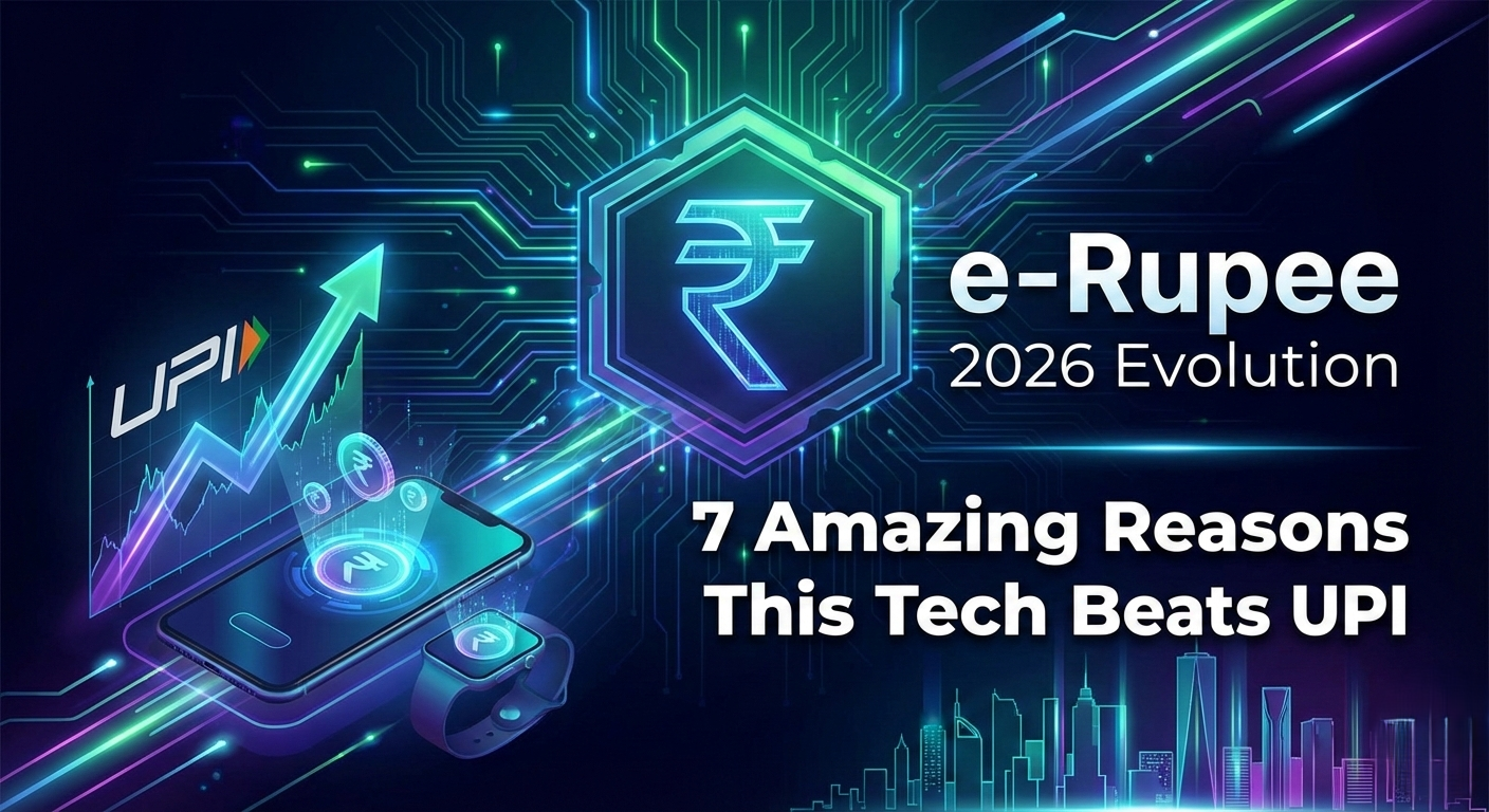 A futuristic digital banner for "digital Rupee e-Rupee 2026 Evolution" featuring a glowing blue Rupee symbol inside a hexagonal blockchain frame. The image contrasts a smartphone displaying a digital wallet against a UPI logo with a growth arrow, set against a neon-lit smart city background.