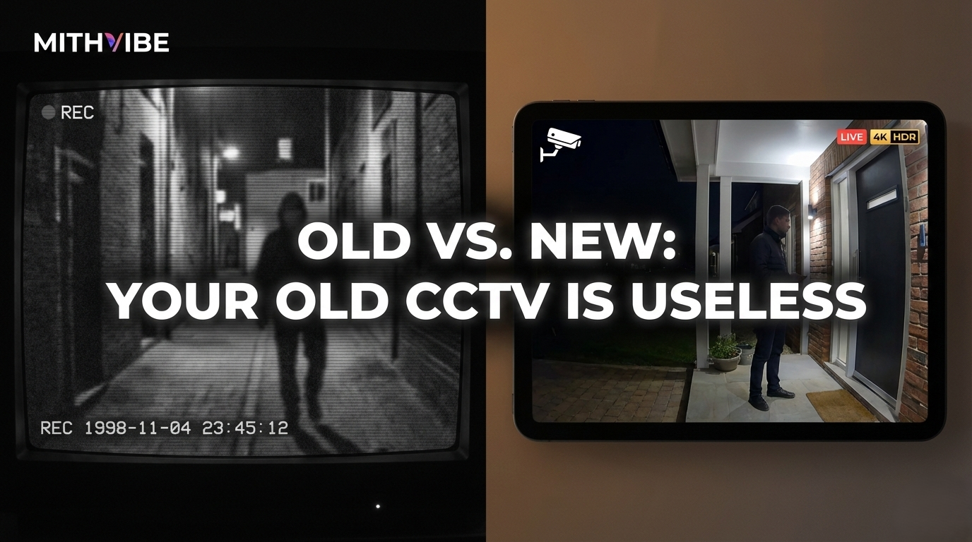Best WiFi security camera for home in India comparison showing grainy old CCTV footage versus crisp 4K color night vision on a tablet screen.