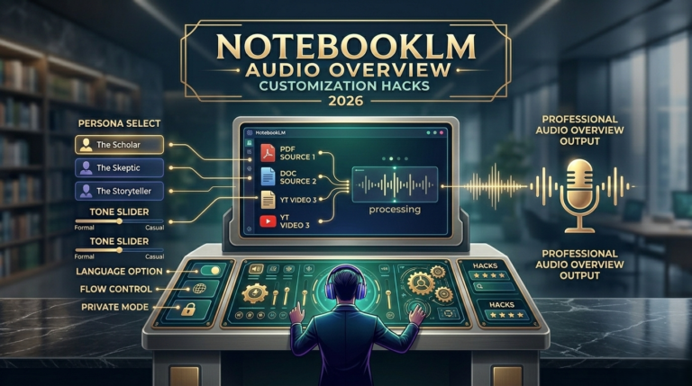 Infographic of the NotebookLM Audio Overview Customization Hacks console for 2026, showing a user in a library manipulating a high-tech interface to process data sources like PDF, DOC, and YT into professional audio output.