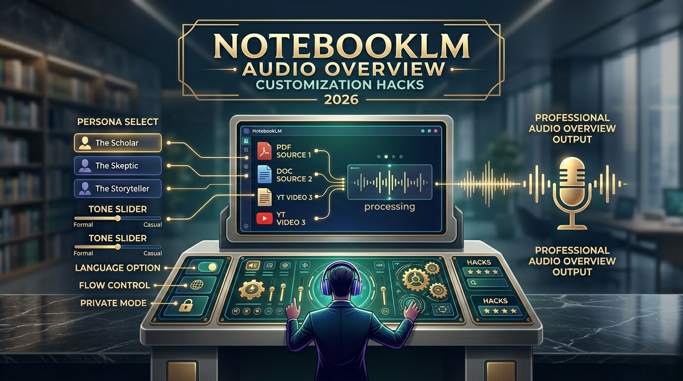 Infographic of the NotebookLM Audio Overview Customization Hacks console for 2026, showing a user in a library manipulating a high-tech interface to process data sources like PDF, DOC, and YT into professional audio output.
