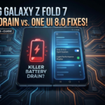 Samsung Galaxy Z Fold 7 showing red battery drain warning icon versus blue One UI 8.0 battery optimization settings on a high-tech circuit background.