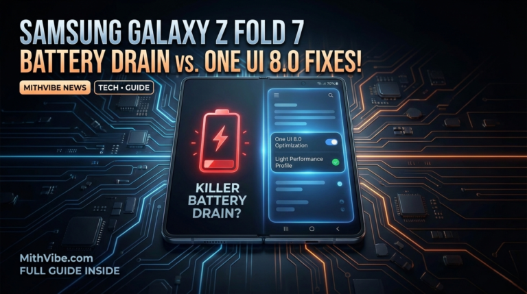 Samsung Galaxy Z Fold 7 showing red battery drain warning icon versus blue One UI 8.0 battery optimization settings on a high-tech circuit background.