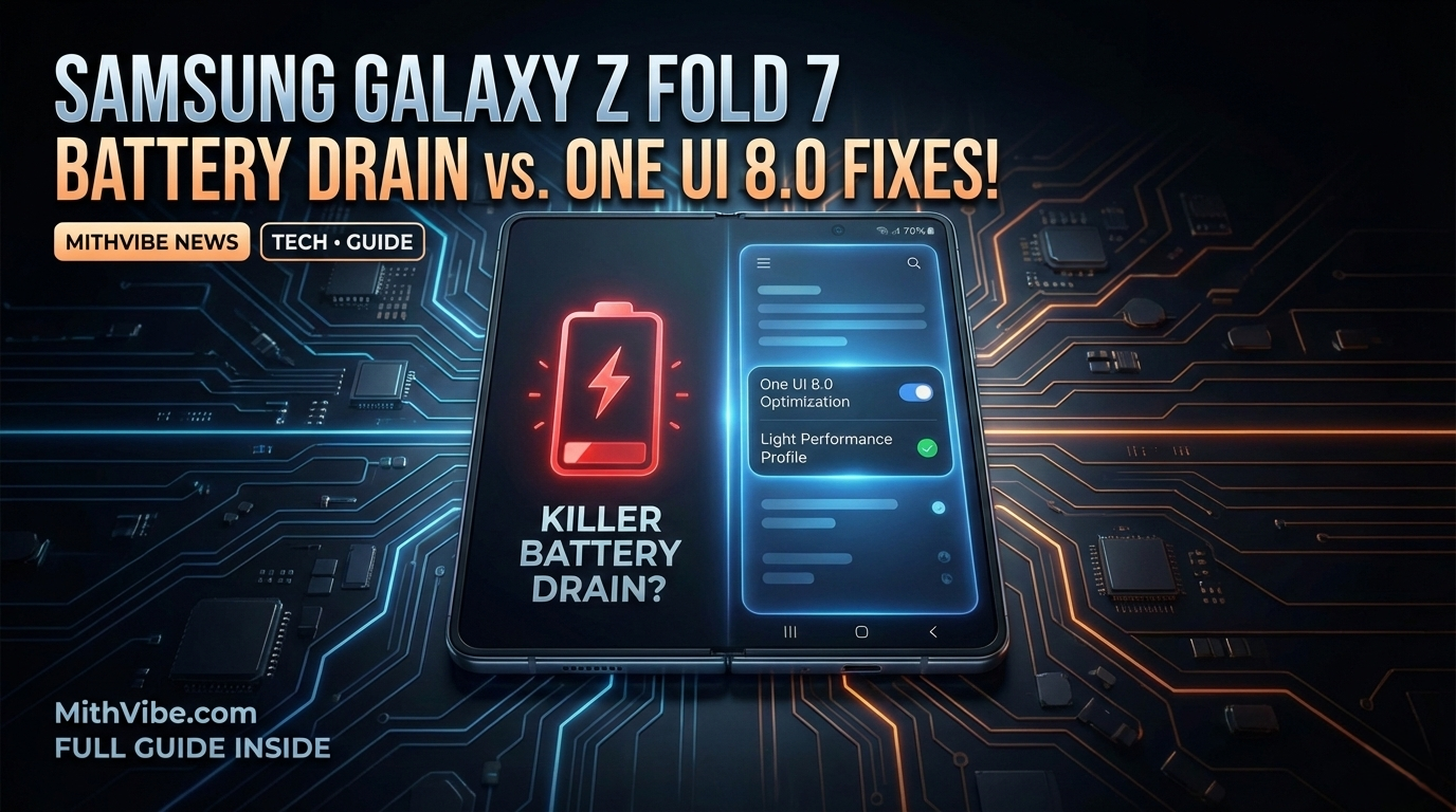 Samsung Galaxy Z Fold 7 showing red battery drain warning icon versus blue One UI 8.0 battery optimization settings on a high-tech circuit background.