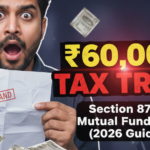 Man shocked by ₹60,000 tax demand notice and Indian currency stacks; thumbnail for Section 87A rebate on special rate income 2026.