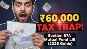 Man shocked by ₹60,000 tax demand notice and Indian currency stacks; thumbnail for Section 87A rebate on special rate income 2026.