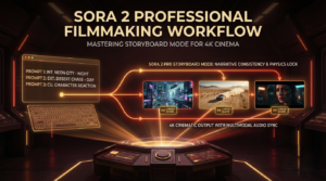 Sora 2 Professional Filmmaking Workflow showing Storyboard Mode, 4K cinema output, and multimodal audio sync.