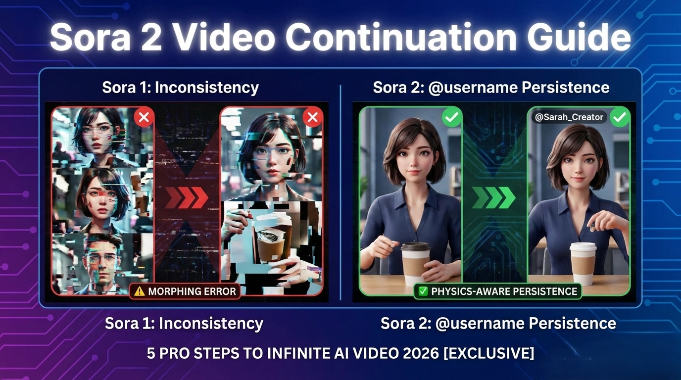 Sora 2 Video Continuation Guide showing @username character persistence and physics-aware rendering vs Sora 1 morphing errors.
