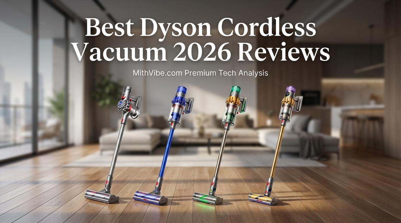 Best Dyson Cordless Vacuum 2026 Reviews featured image displaying a photorealistic side-by-side comparison of the Dyson V8, V11, V12 Detect Slim, and V15 Detect cordless stick vacuums lined up on a luxury hardwood floor with MithVibe.com branding.
