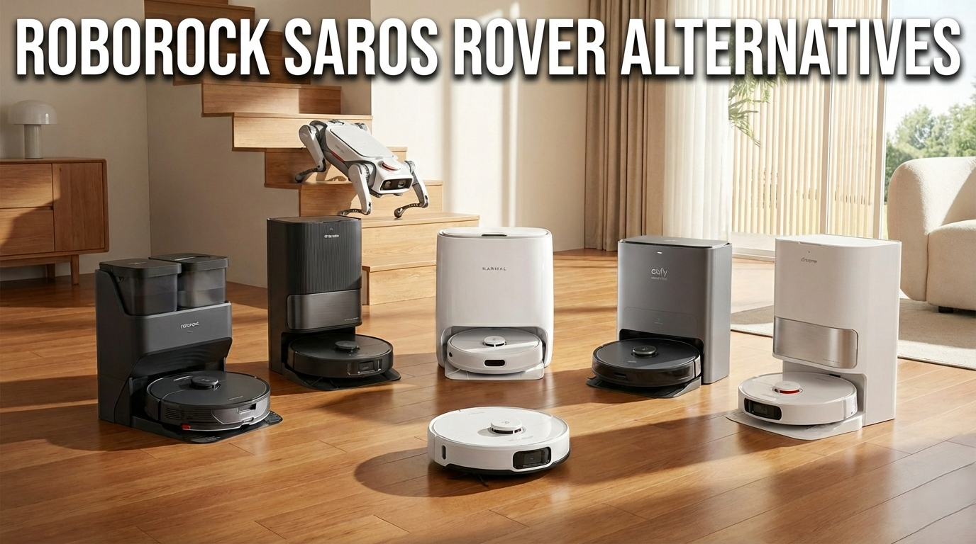 Roborock Saros Rover alternatives: A 2026 lineup featuring the Roborock Saros 20 Sonic, Dreame X60 Max, and Narwal Freo Z Ultra on a modern hardwood floor.