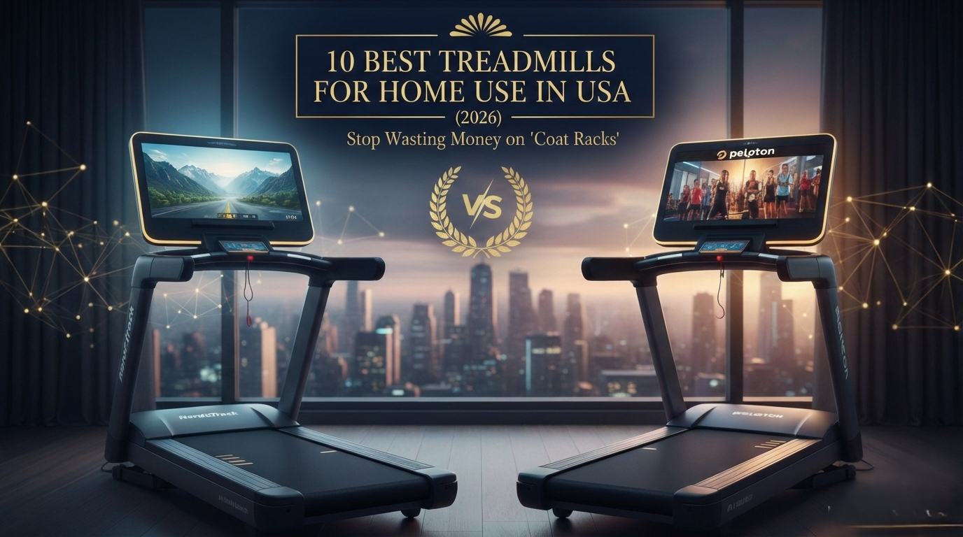 A premium 16:9 featured image showcasing the 10 best treadmills for home use in USA 2026, featuring a cinematic comparison between high-end NordicTrack and Peloton models in a luxury penthouse setting with MithVibe branding.
