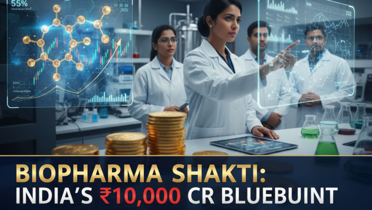 Three Indian scientists in a high-tech laboratory analyzing a glowing 3D molecular structure of a biologic medicine on a digital holographic display, with stacks of gold coins in the foreground symbolizing the Biopharma SHAKTI mission details and stock beneficiaries.