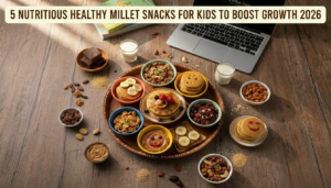 A high-quality photography spread of 5 healthy millet snacks for kids including ragi pancakes, choco fills, and jaggery-based nut spread on a wooden table.